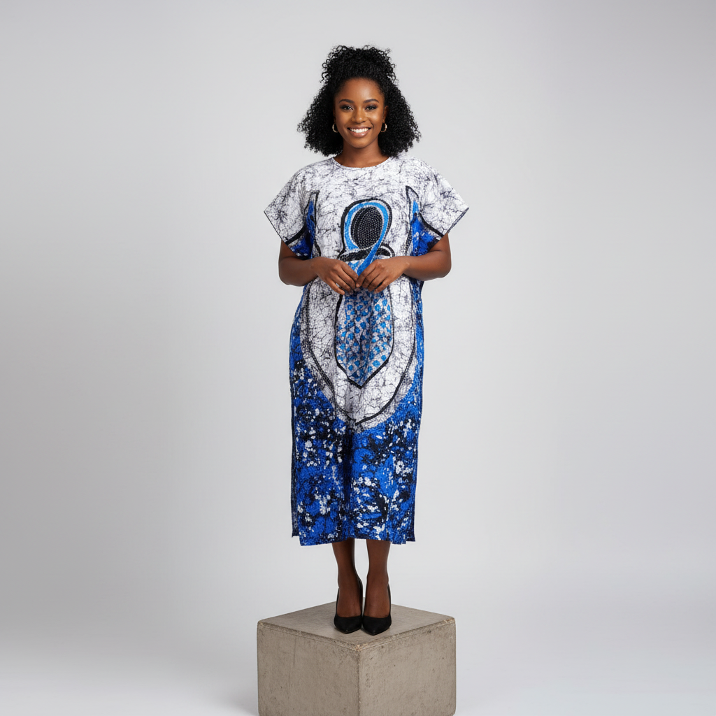 Blue White Crackle Batik Ankh 3/4 Bubu Gown – Model Front View