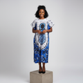 Blue White Crackle Batik Ankh 3/4 Bubu Gown – Model Front View
