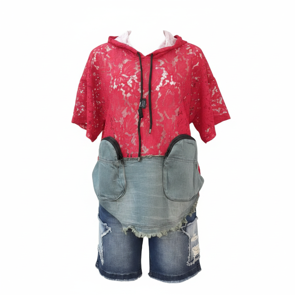 Red Lace Crop Hoodie & Denim Shorts Set - Ghost Mannequin Front View