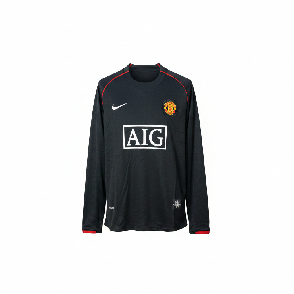 Black long-sleeve retro football jersey with red piping and AIG sponsor — ghost mannequin front view