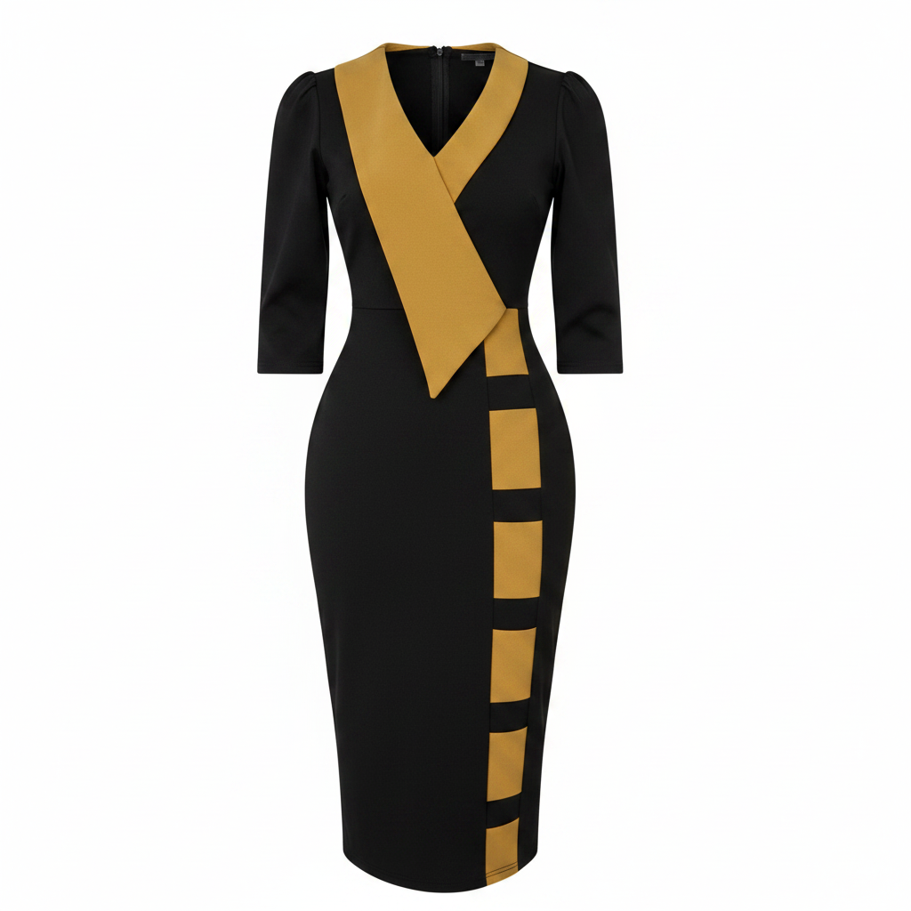 Ghost mannequin view of Women's Black & Mustard Diagonal Sash 3/4 Sleeve Bodycon Midi Dress