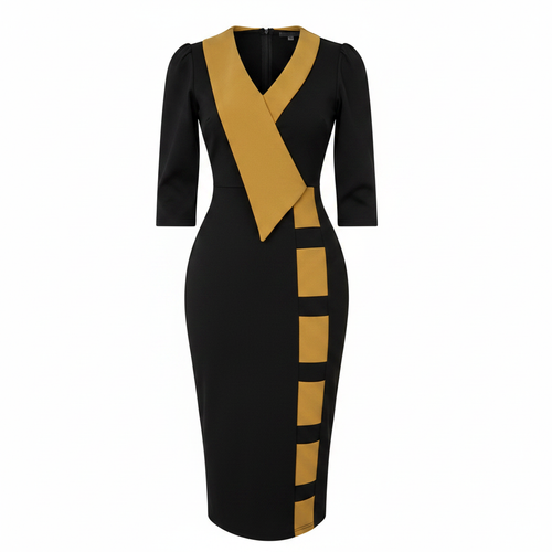 Ghost mannequin view of Women's Black & Mustard Diagonal Sash 3/4 Sleeve Bodycon Midi Dress