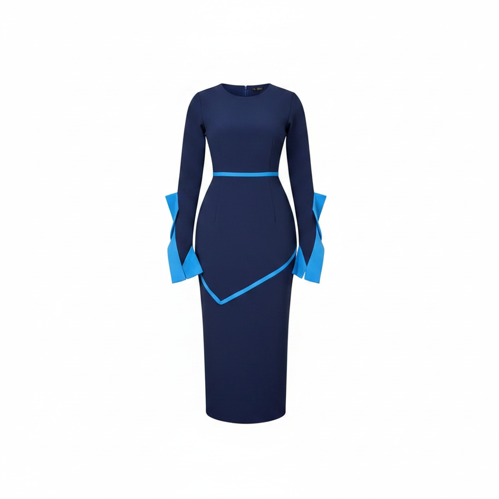 Women's navy blue contrast trim long sleeve midi dress – ghost mannequin front view
