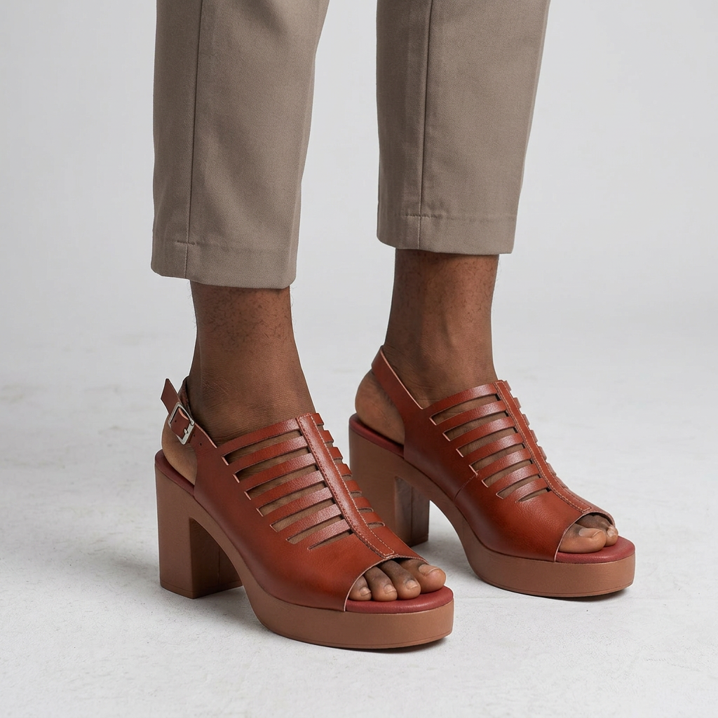 Lower-leg model view wearing both rust caged platform sandals