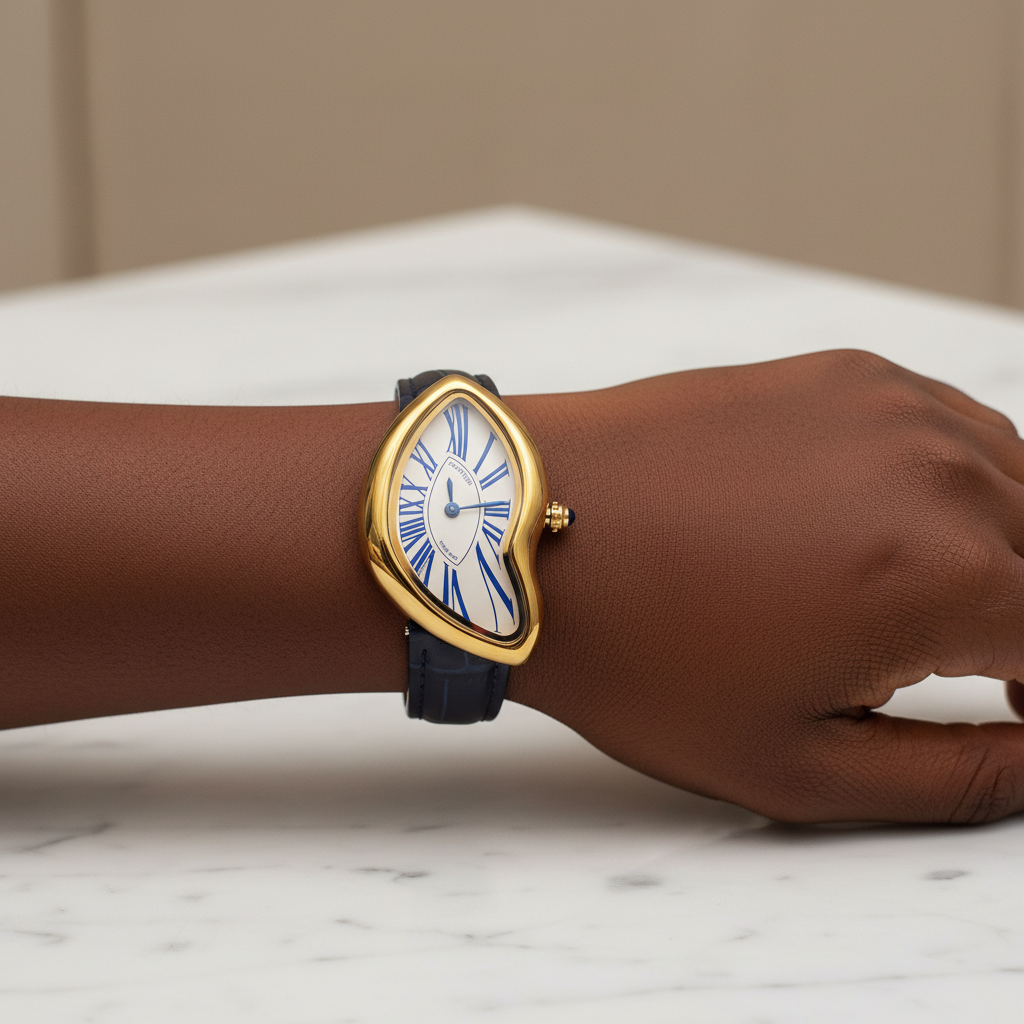 Black Nigerian woman wrist shot wearing asymmetric yellow gold watch with navy strap