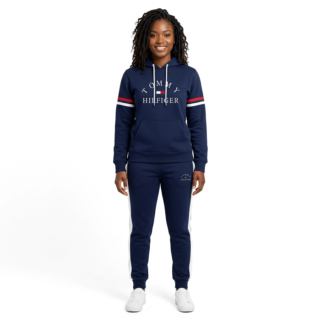 Black adult model wearing a navy striped-sleeve hoodie and jogger set