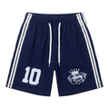 Navy drawstring shorts with twin white side stripes and white number and crowned crest graphics