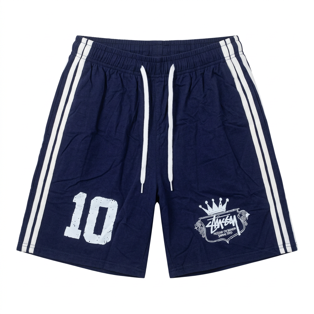 Navy drawstring shorts with twin white side stripes and white number and crowned crest graphics
