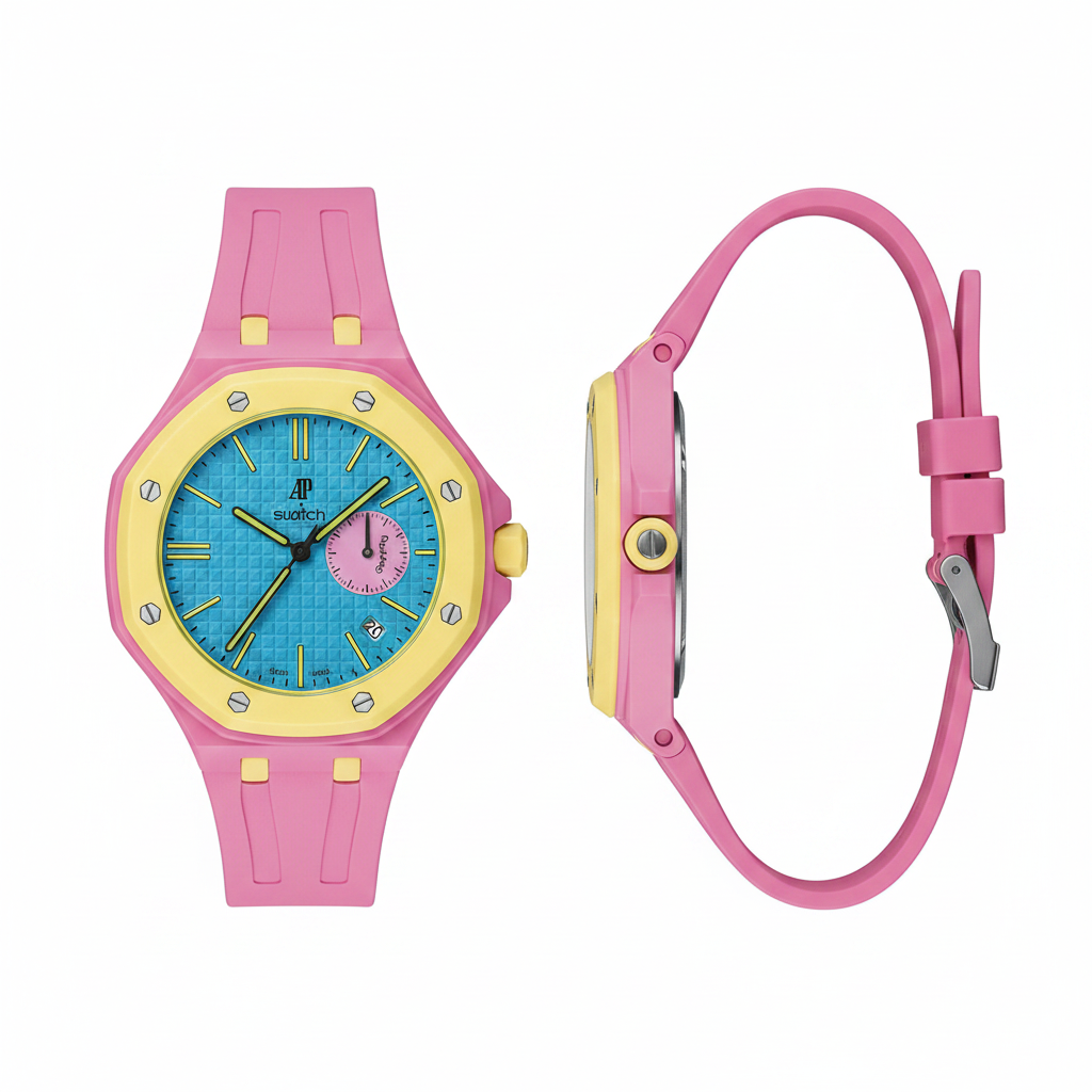 Unisex pink octagonal pop watch with yellow bezel, sky blue dial and pink subdial, front and side view