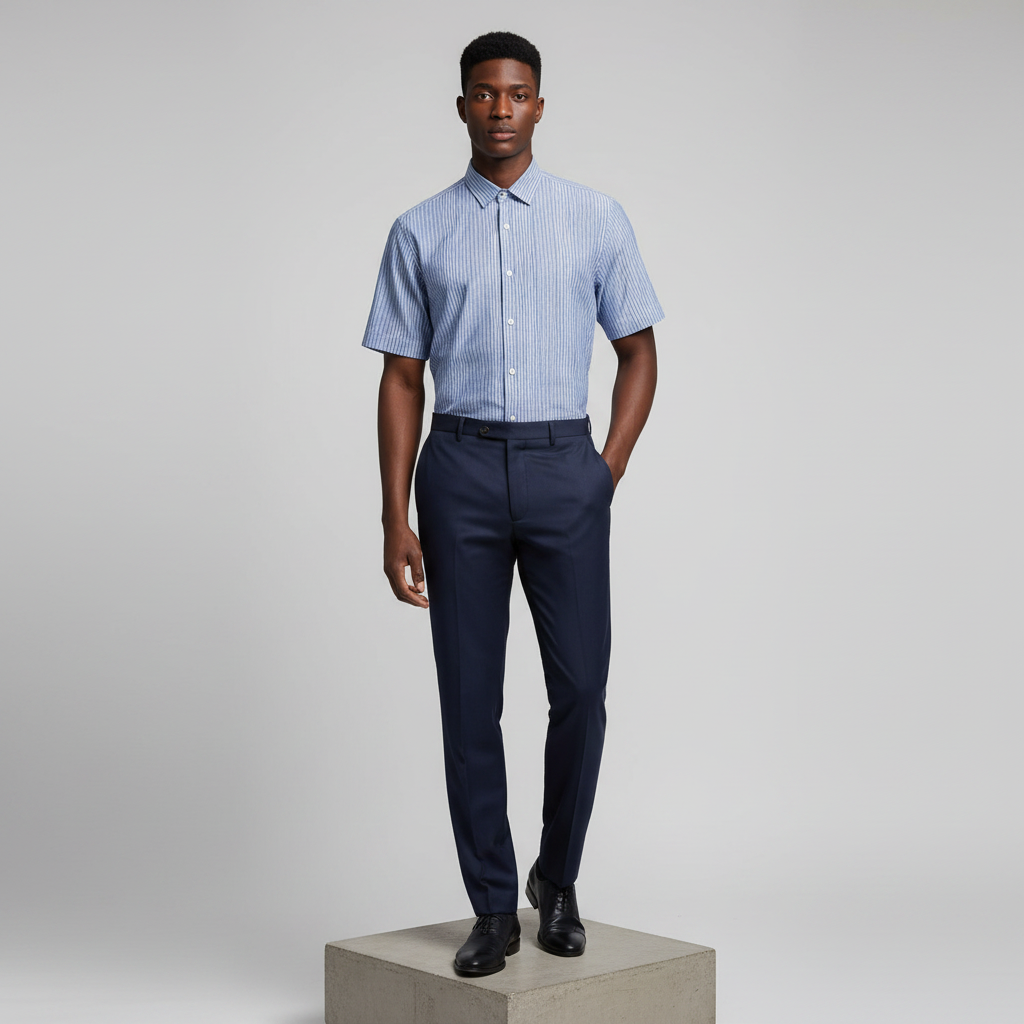 Nigerian male model wearing blue white pinstripe short-sleeved shirt