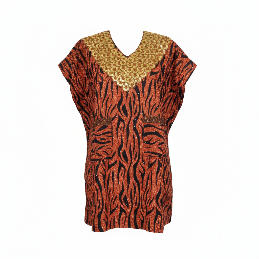 Copper Glitter Zebra Print Kaftan Gold Coin V-Neckline – Ghost Mannequin