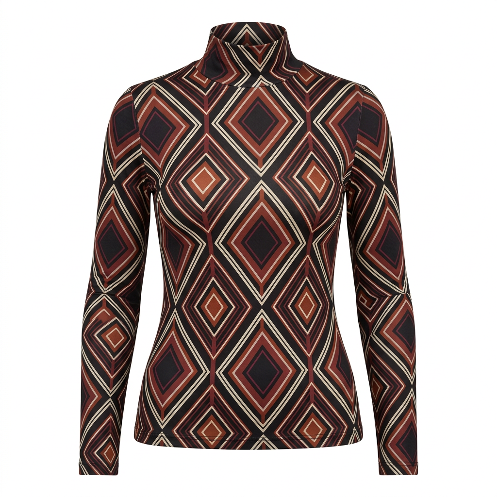 Black diamond-print high-neck long-sleeve top on an invisible mannequin