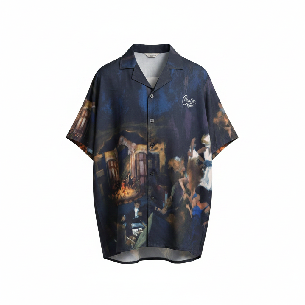 Dark navy oil painting graphic Cuban collar shirt ghost mannequin — classical scene print, white background