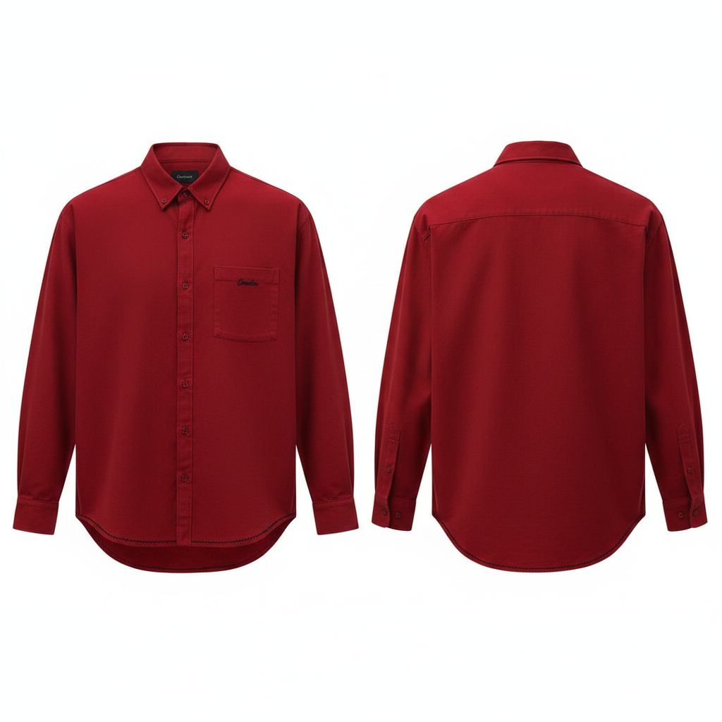 Men's red embroidered logo contrast stitch long-sleeve shirt ghost mannequin front and back view