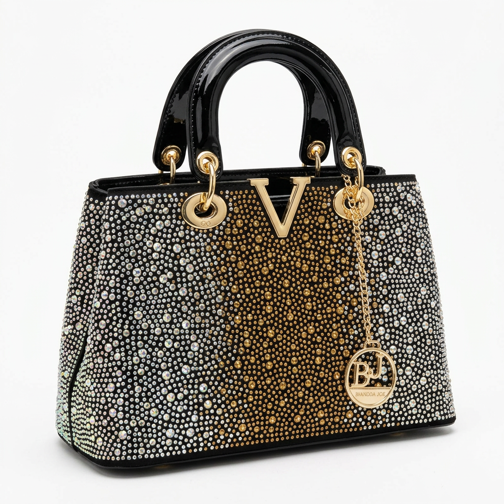 Black handbag with gold-tone centre and silver-tone studded outer sections on white