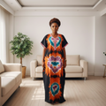 Model shot – Bose Ventures Black Orange Tie-Dye Heart Medallion Boubou