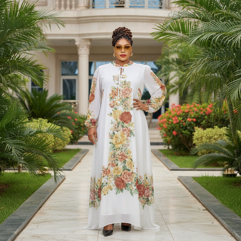 Women's White Floral Maxi Dress — Nigerian female model shot