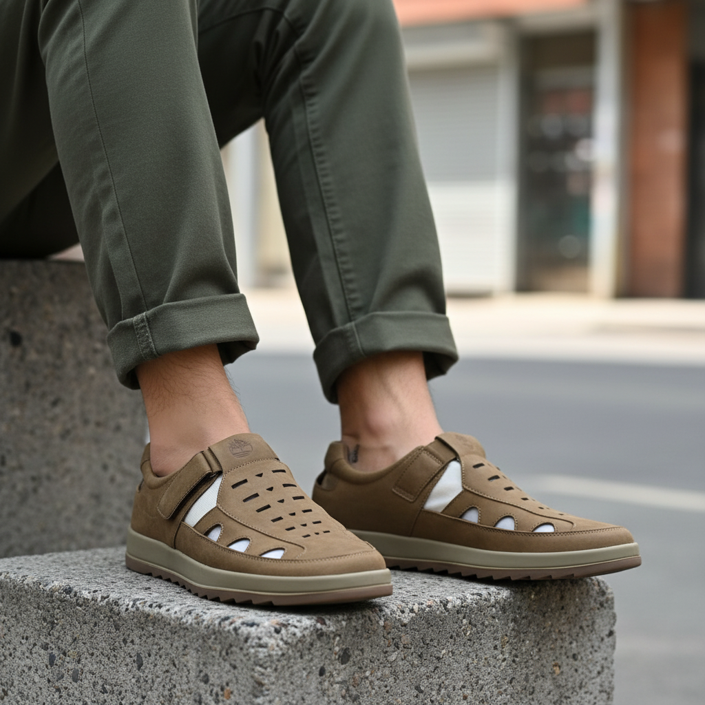 Model wearing olive nubuck leather ventilated velcro-strap slip-on shoes leg shot