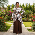 Nigerian female model wearing brown marble print top and chocolate pleated palazzo trousers set