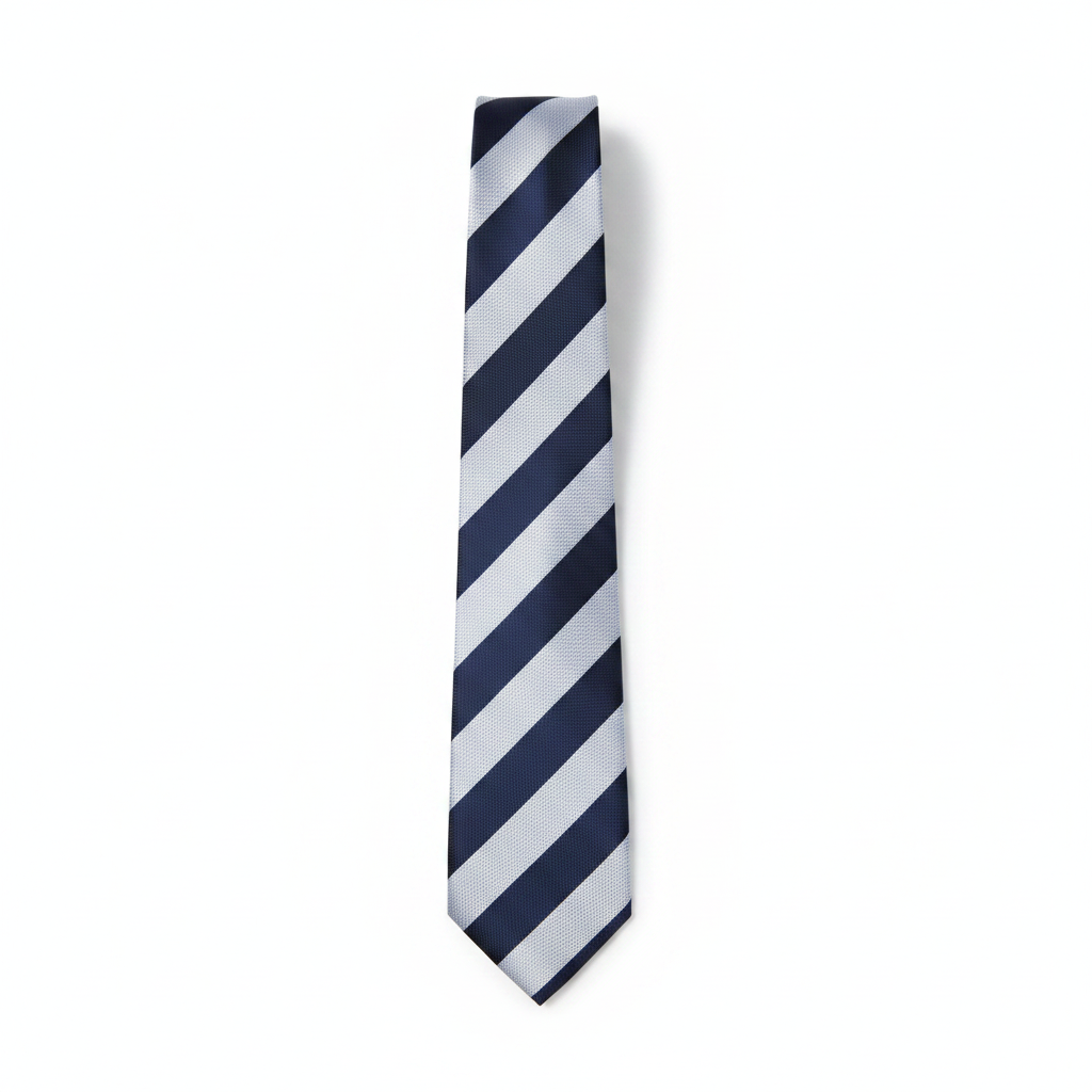 Men's navy blue and white bold diagonal stripe regimental necktie flat lay product shot