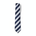 Men's navy blue and white bold diagonal stripe regimental necktie flat lay product shot