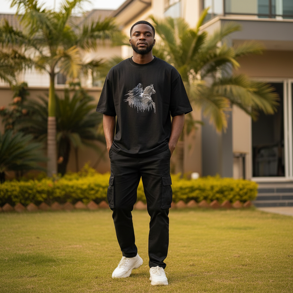 Nigerian male model wearing black warrior on horseback sketch graphic oversized tee – front view