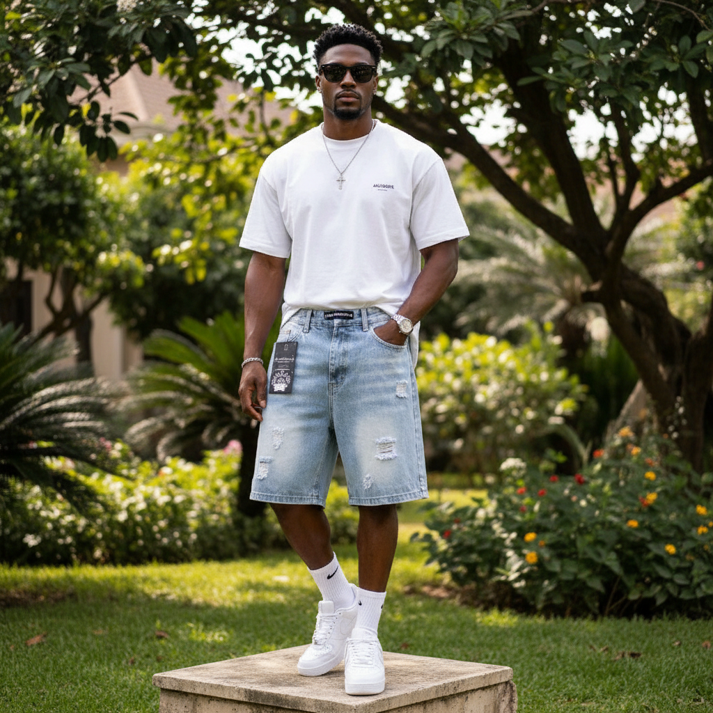 Nigerian male model wearing men's light blue washed distressed denim shorts streetwear style