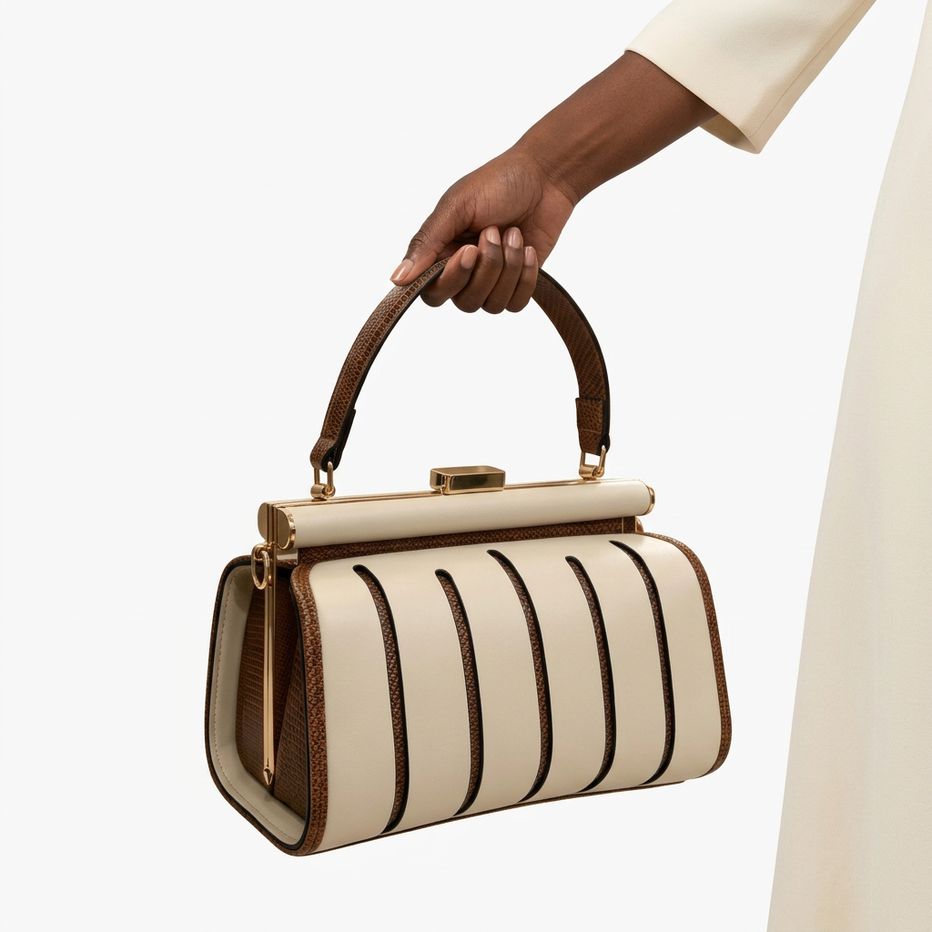 Hand-focused view of a cream and brown striped handbag held by a Black adult woman on a plain white background
