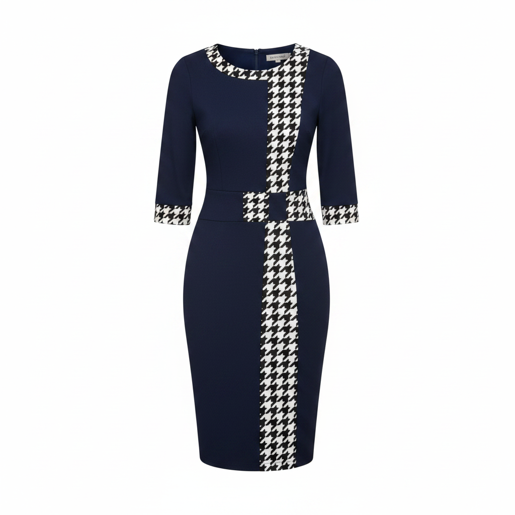 Navy blue houndstooth bodycon midi dress ghost mannequin front view