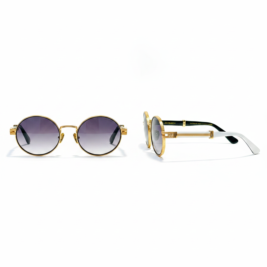 Ornate Round Sunglasses Gold Smoke – Ghost Mannequin Front and Side View