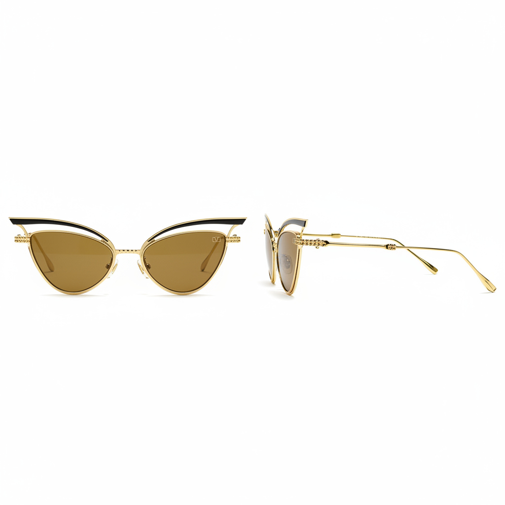 Women's cat-eye black gold double frame sunglasses – front and side ghost mannequin view on white background