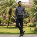 Nigerian male model wearing Men's Dark Navy Slim-Fit Dress Trousers