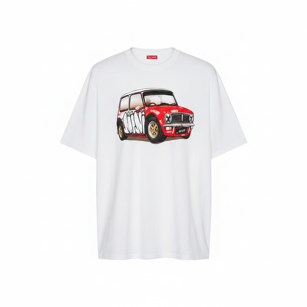 Unisex white rally car graphic oversized tee – ghost mannequin front view