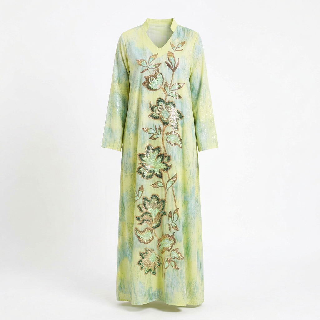 Lime and aqua floral shimmer abaya ghost image with straight drape