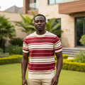 Nigerian male model wearing burgundy stripe knit crewneck sweater tee