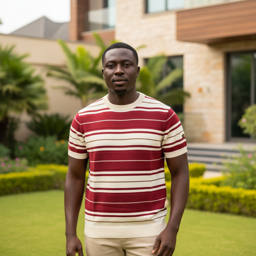 Nigerian male model wearing burgundy stripe knit crewneck sweater tee