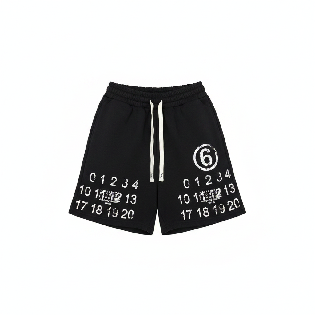 Ghost mannequin front view of black fleece drawstring shorts with white number digit all-over print and circle 6 logo