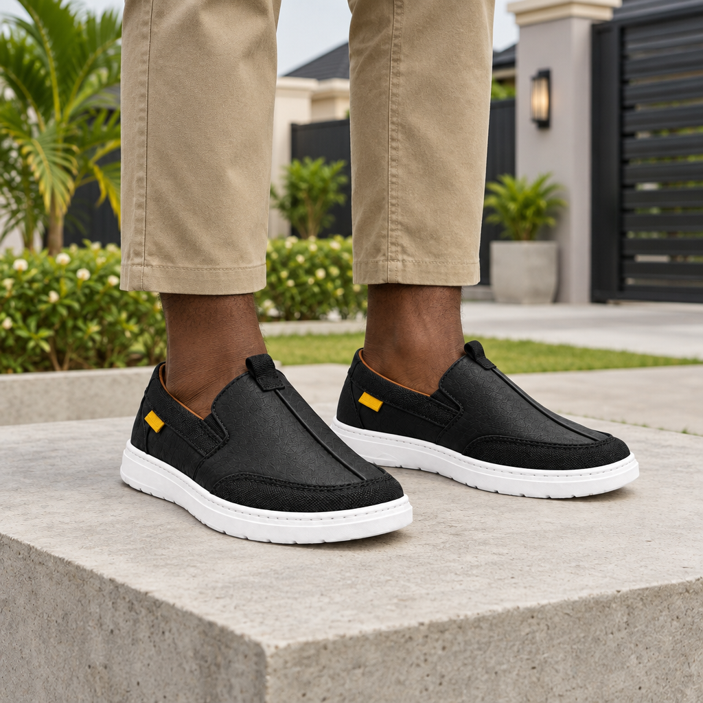 Man wearing black slip-on sneakers with khaki chinos