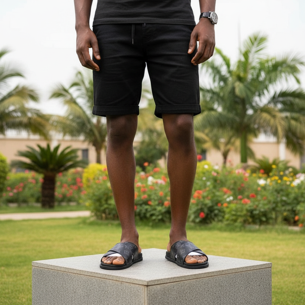Men's black cross-strap slide sandals leg-focus lifestyle shot Nigerian male model
