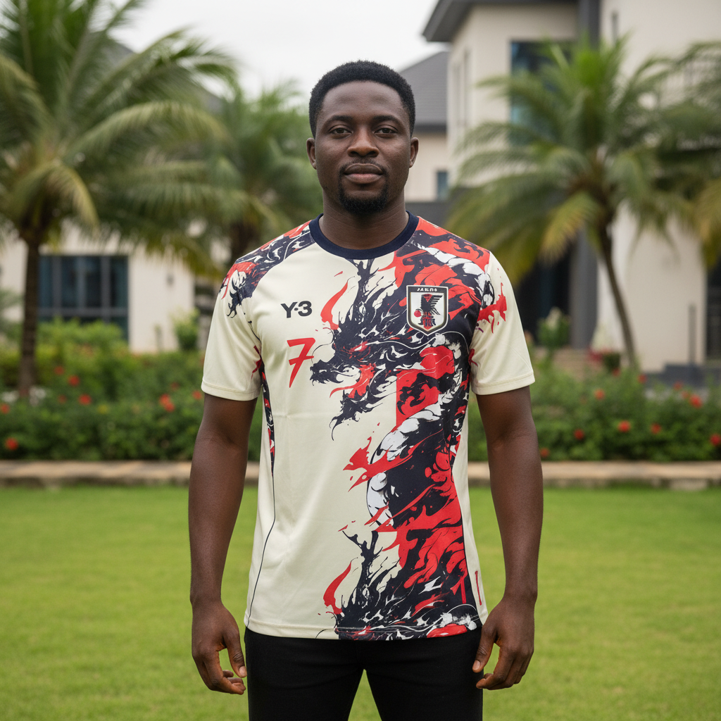 Cream dragon ink-splash graphic football jersey on Nigerian male model