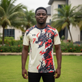 Cream dragon ink-splash graphic football jersey on Nigerian male model