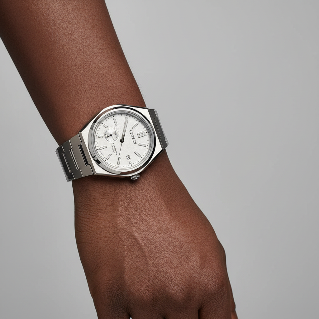 Nigerian male model wrist shot wearing silver automatic titanium watch