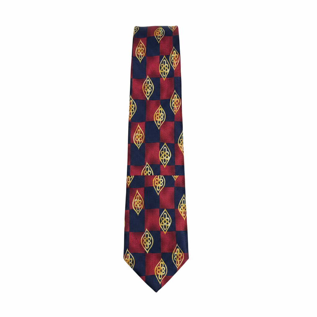 Men's navy and burgundy checkerboard gold medallion woven necktie ghost mannequin white background