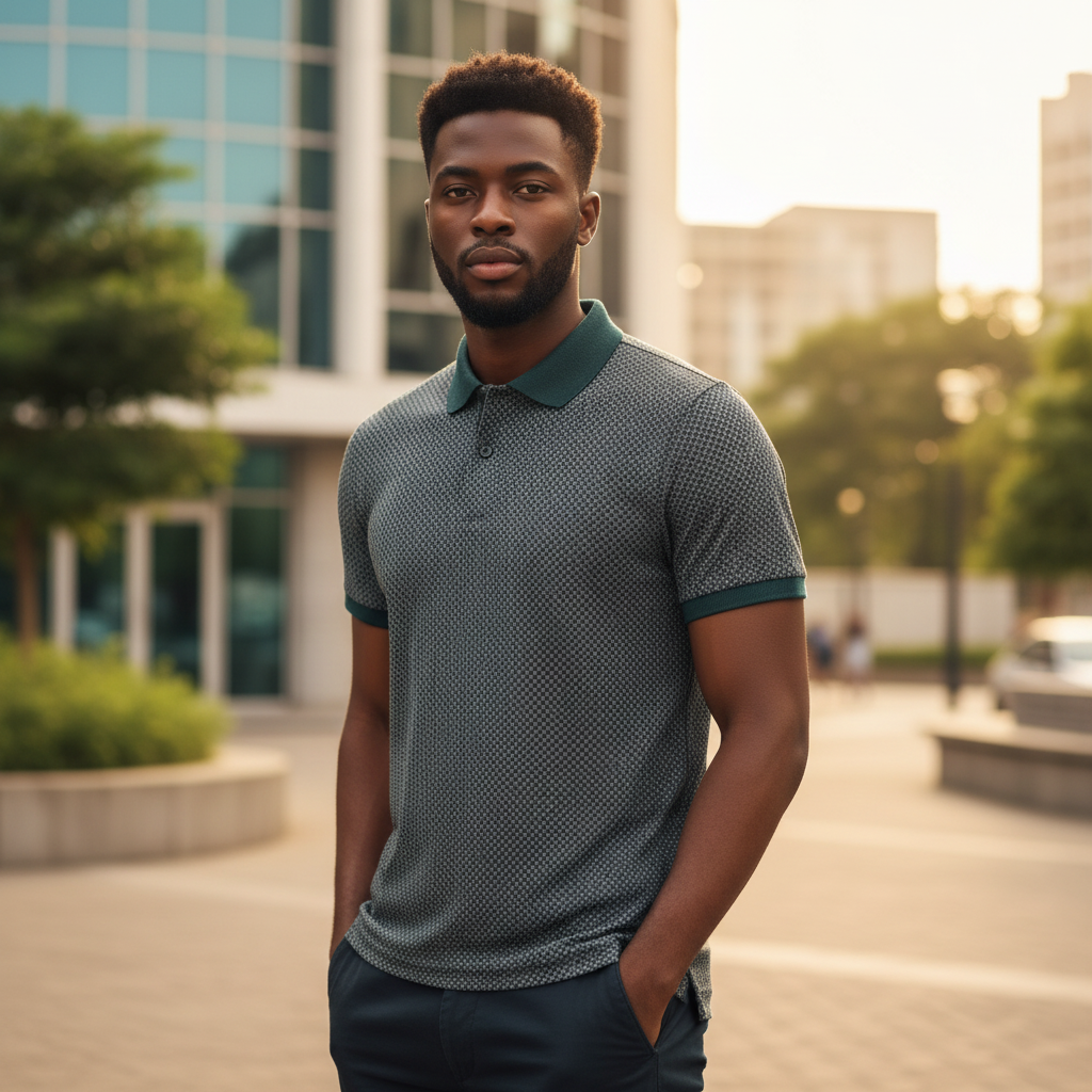 Teal Micro-Check Jacquard Contrast Polo - Model Shot