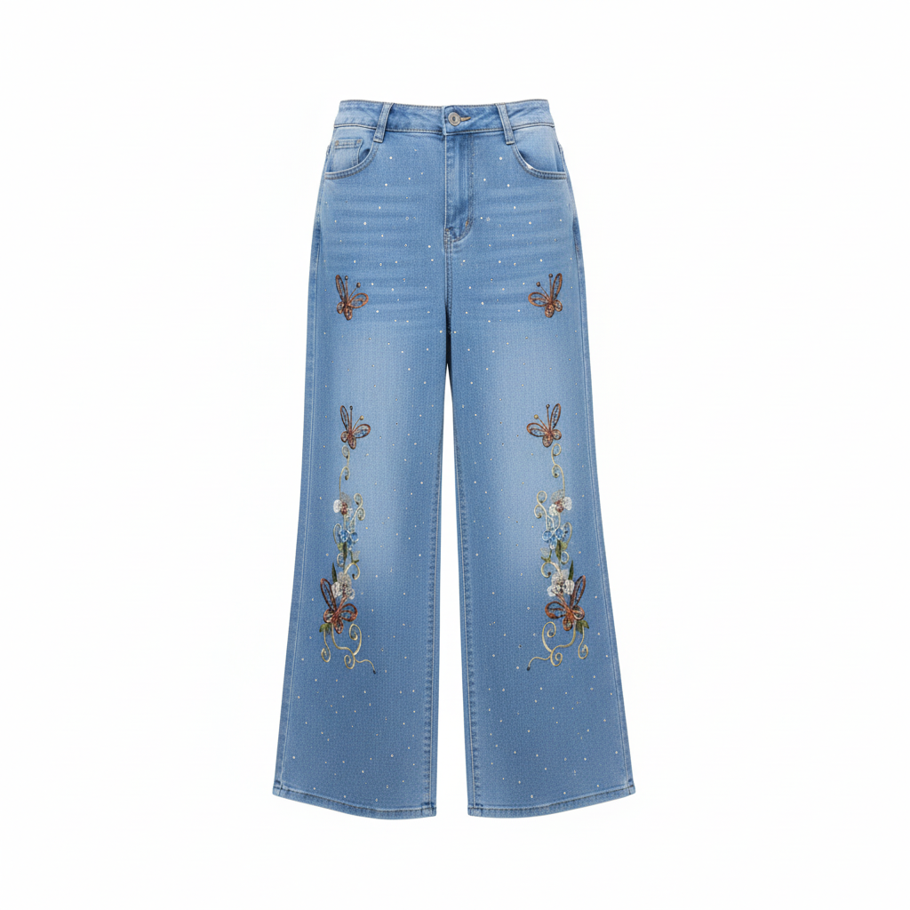 Light Blue Butterfly Embroidered Rhinestone Wide-Leg Jeans – Ghost Mannequin
