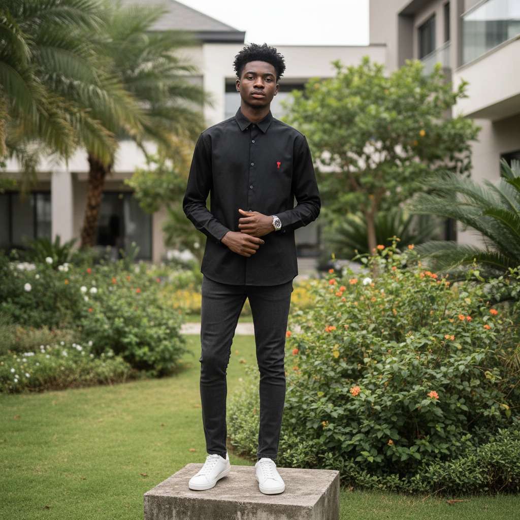 Nigerian male model full body wearing men's black red heart embroidered long-sleeve shirt