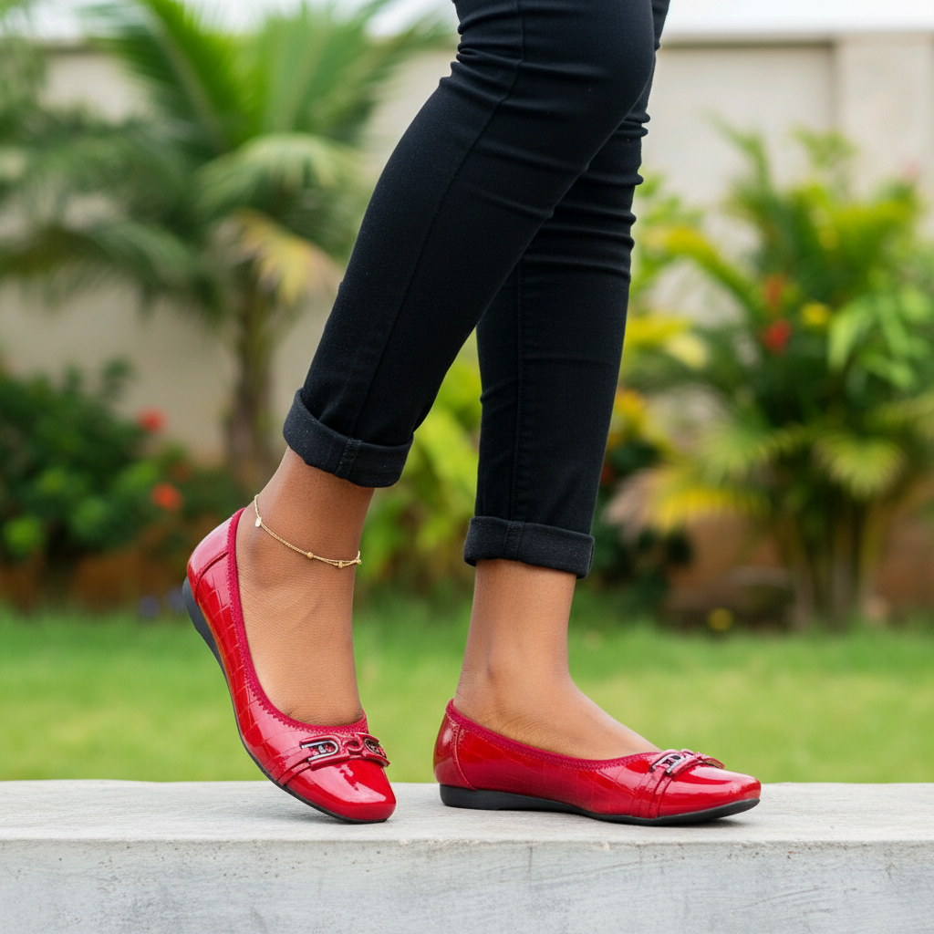 Women's red patent flat pumps – Nigerian female model leg shot
