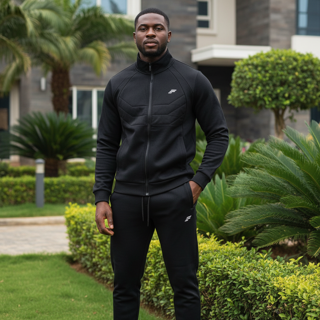 Nigerian male model wearing all-black quilted zip-up tracksuit set