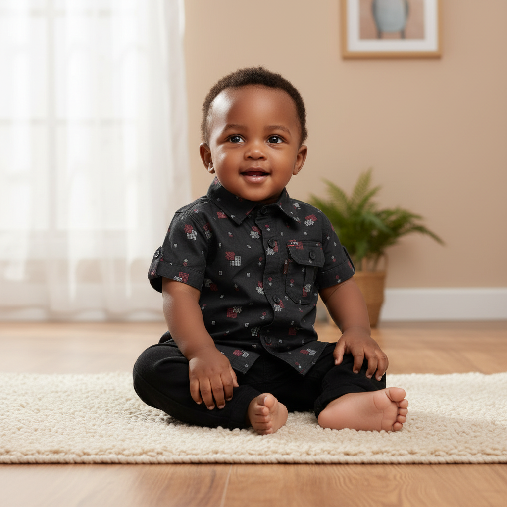 Young Nigerian baby boy wearing black patchwork print short-sleeve shirt