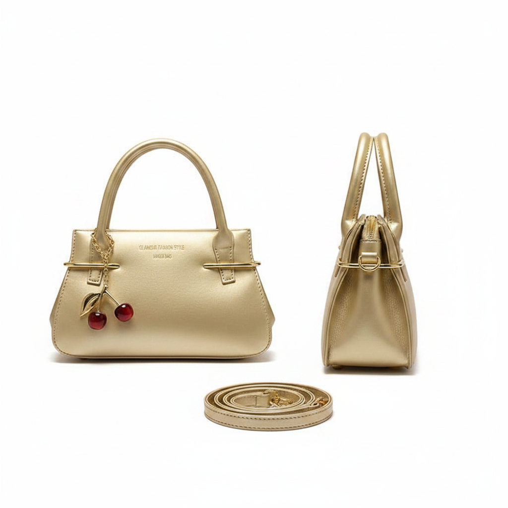 Gold metallic mini handbag ghost mannequin front and side view with red cherry charm and crossbody strap